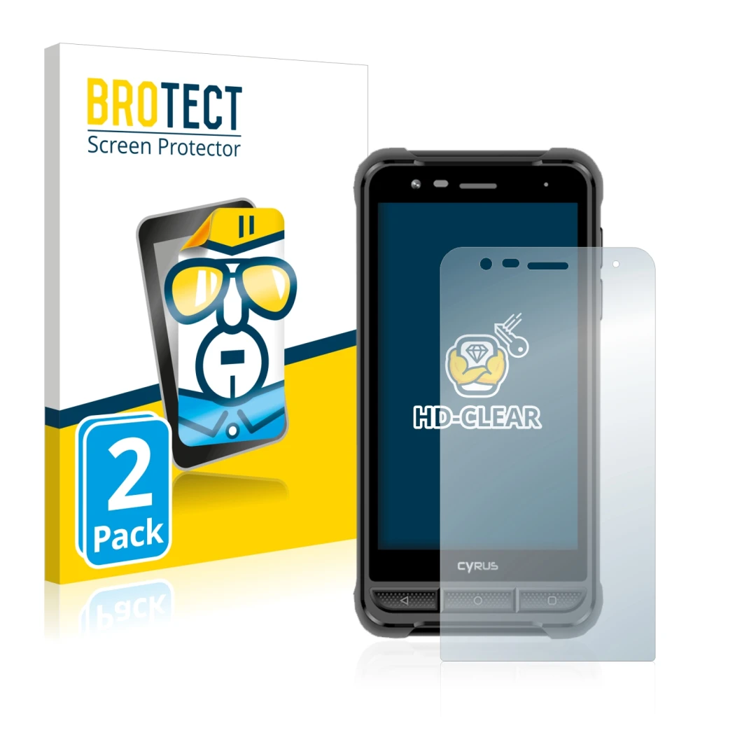 Front side of a product packaging with the brand logo BROTECT. Next to it is the device Cyrus CS22 XA shown with the correspon