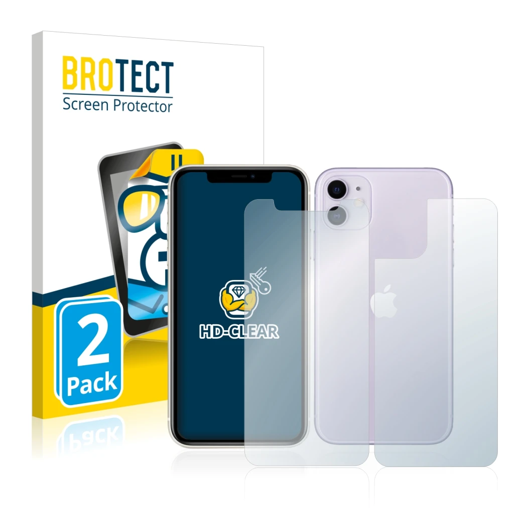 Front side of a product packaging with the brand logo BROTECT. Next to it is the device Apple iPhone 11 (Front+Back) shown wit
