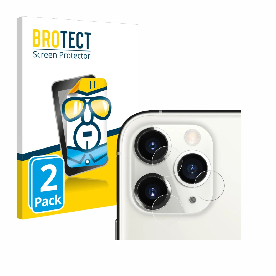 Front side of a product packaging with the brand logo BROTECT. Next to it is the device Apple iPhone 11 Pro (ONLY Camera Lens)