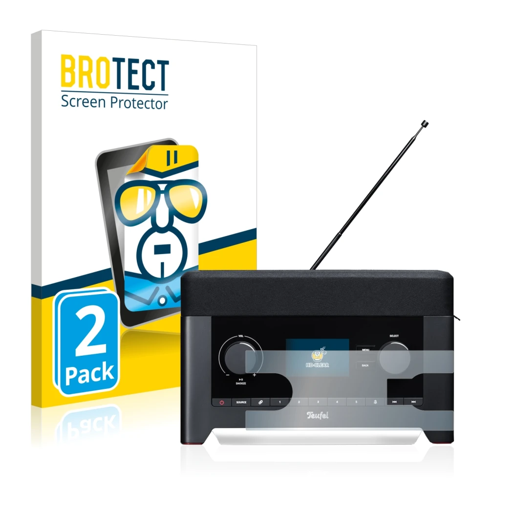 Front side of a product packaging with the brand logo BROTECT. Next to it is the device Teufel Radio 3sixty shown with the cor