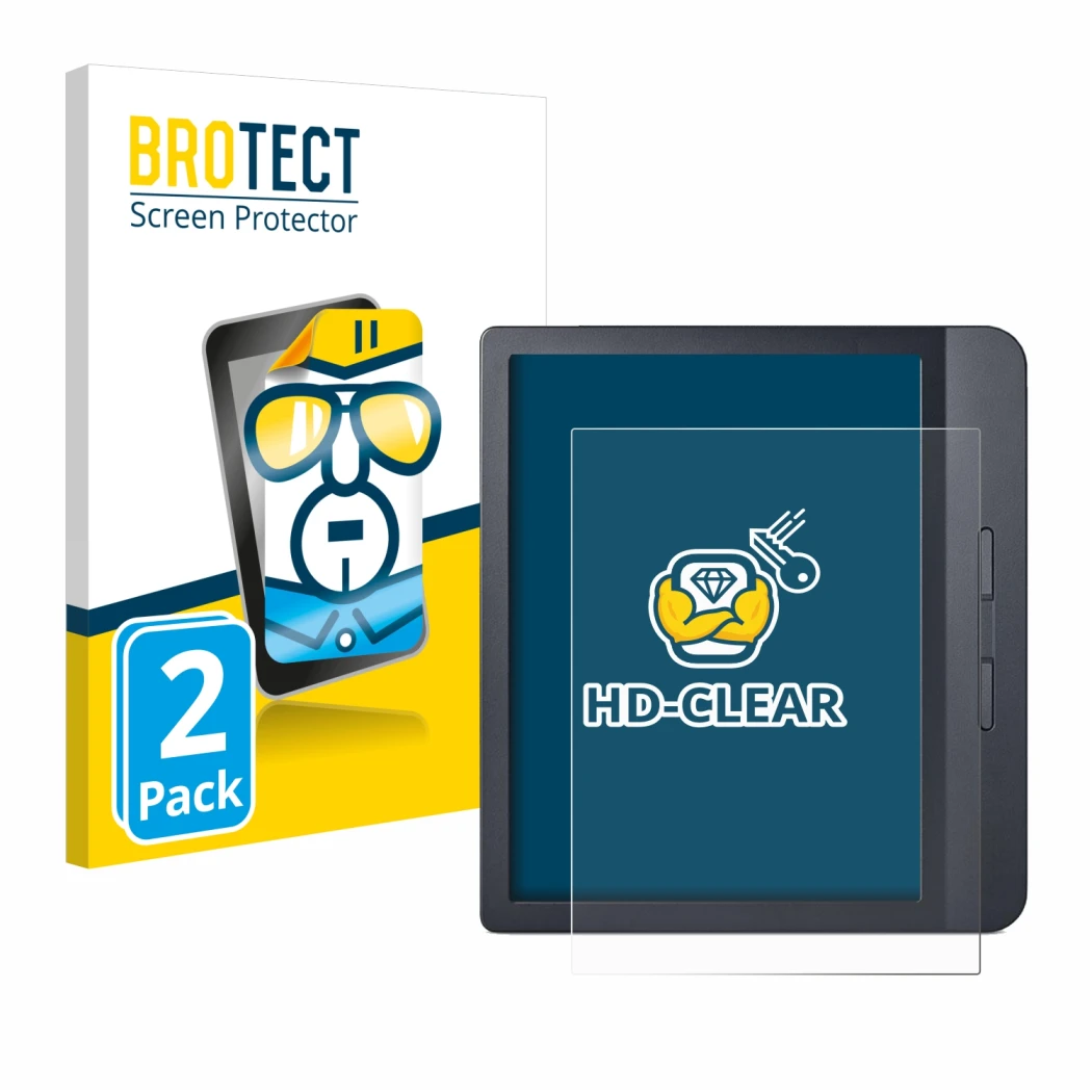 Front side of a product packaging with the brand logo BROTECT. Next to it is the device Kobo Libra H2O shown with the correspo