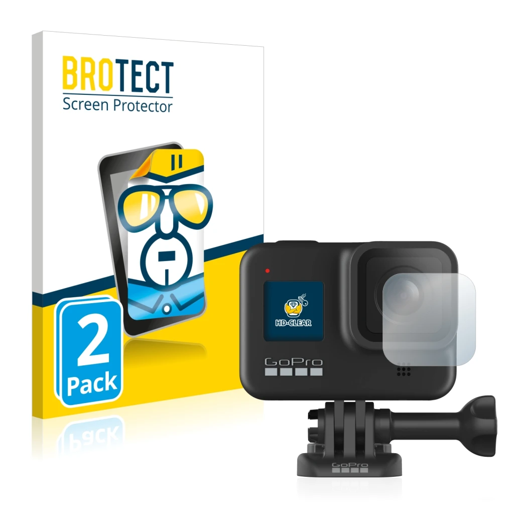 Front side of a product packaging with the brand logo BROTECT. Next to it is the device GoPro Hero 8 Black (Lens) shown with t