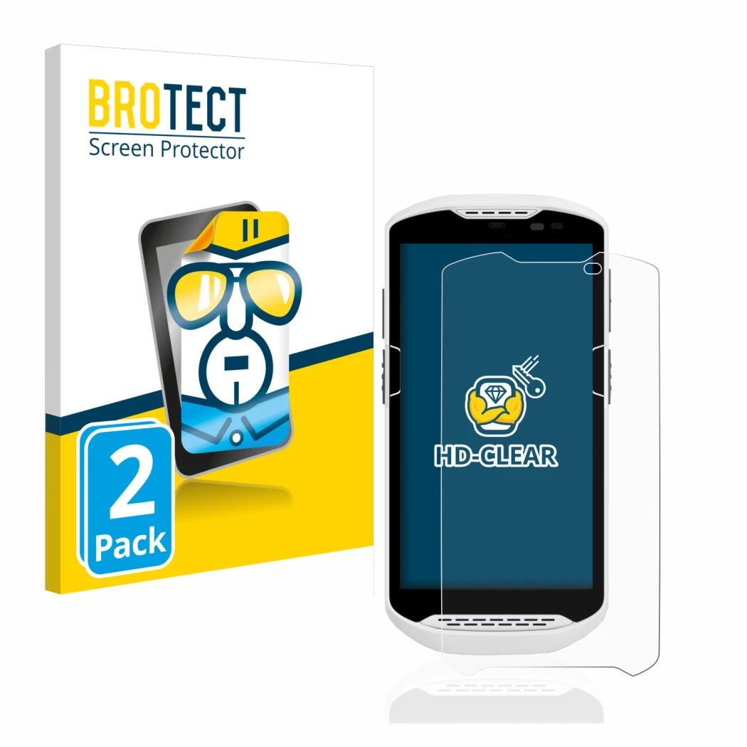 Front side of a product packaging with the brand logo BROTECT. Next to it is the device Zebra TC57 shown with the correspondin