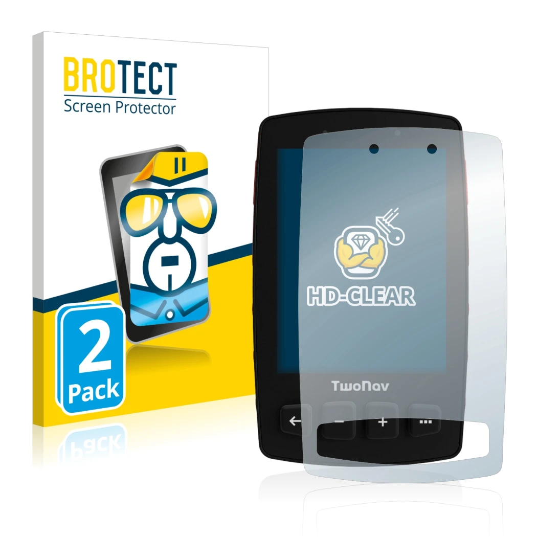 Front side of a product packaging with the brand logo BROTECT. Next to it is the device TwoNav Trail 2 shown with the correspo