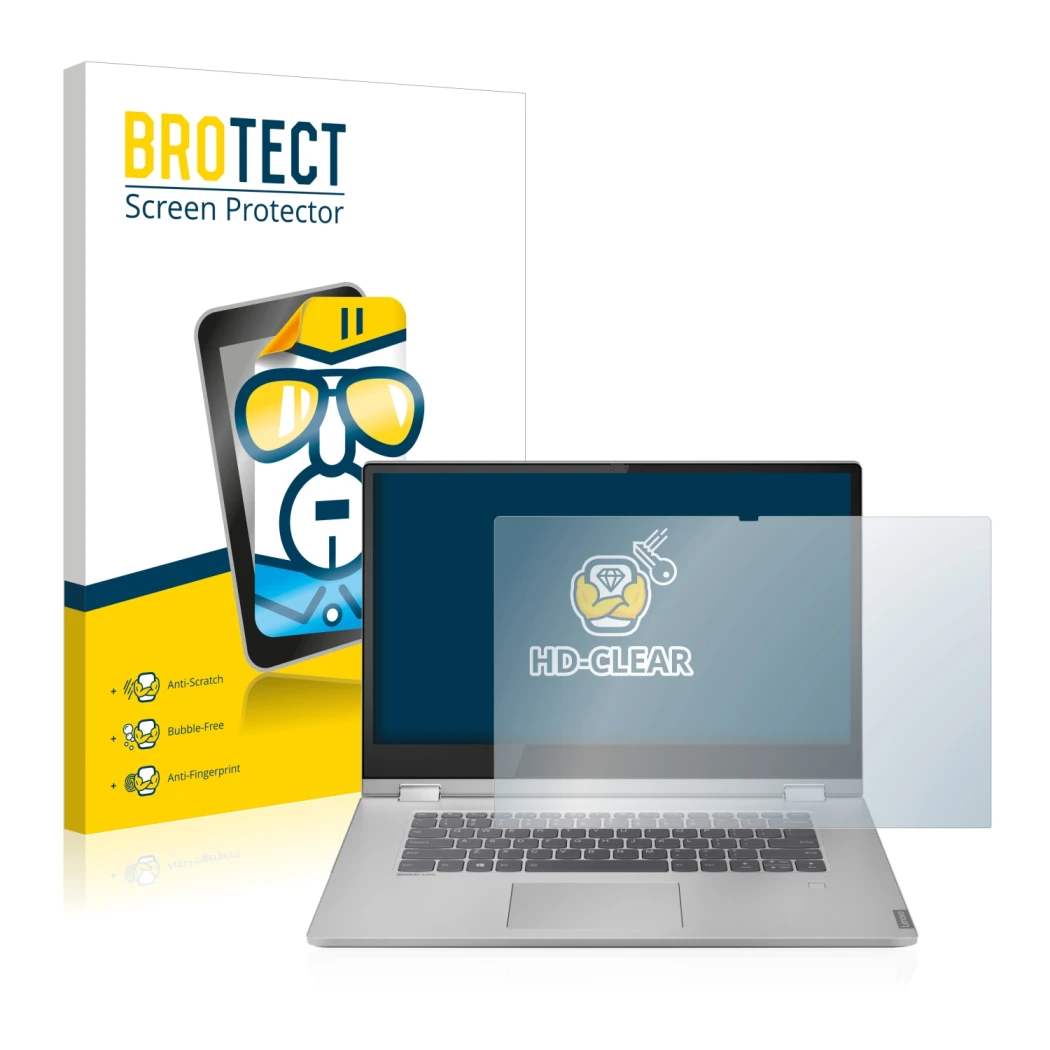 Front side of a product packaging with the brand logo BROTECT. Next to it is the device Lenovo IdeaPad C340 15