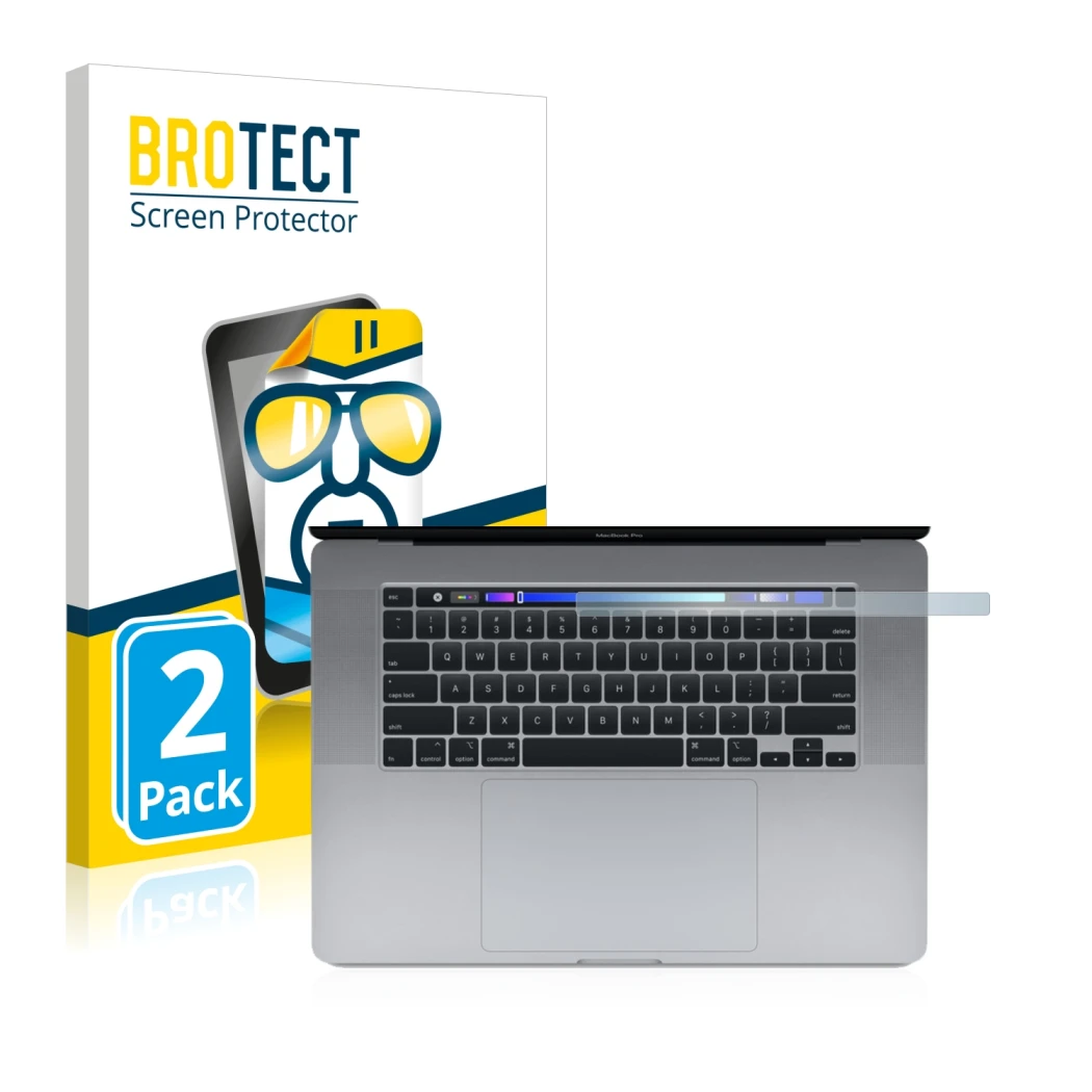 Front side of a product packaging with the brand logo BROTECT. Next to it is the device Apple MacBook Pro 16