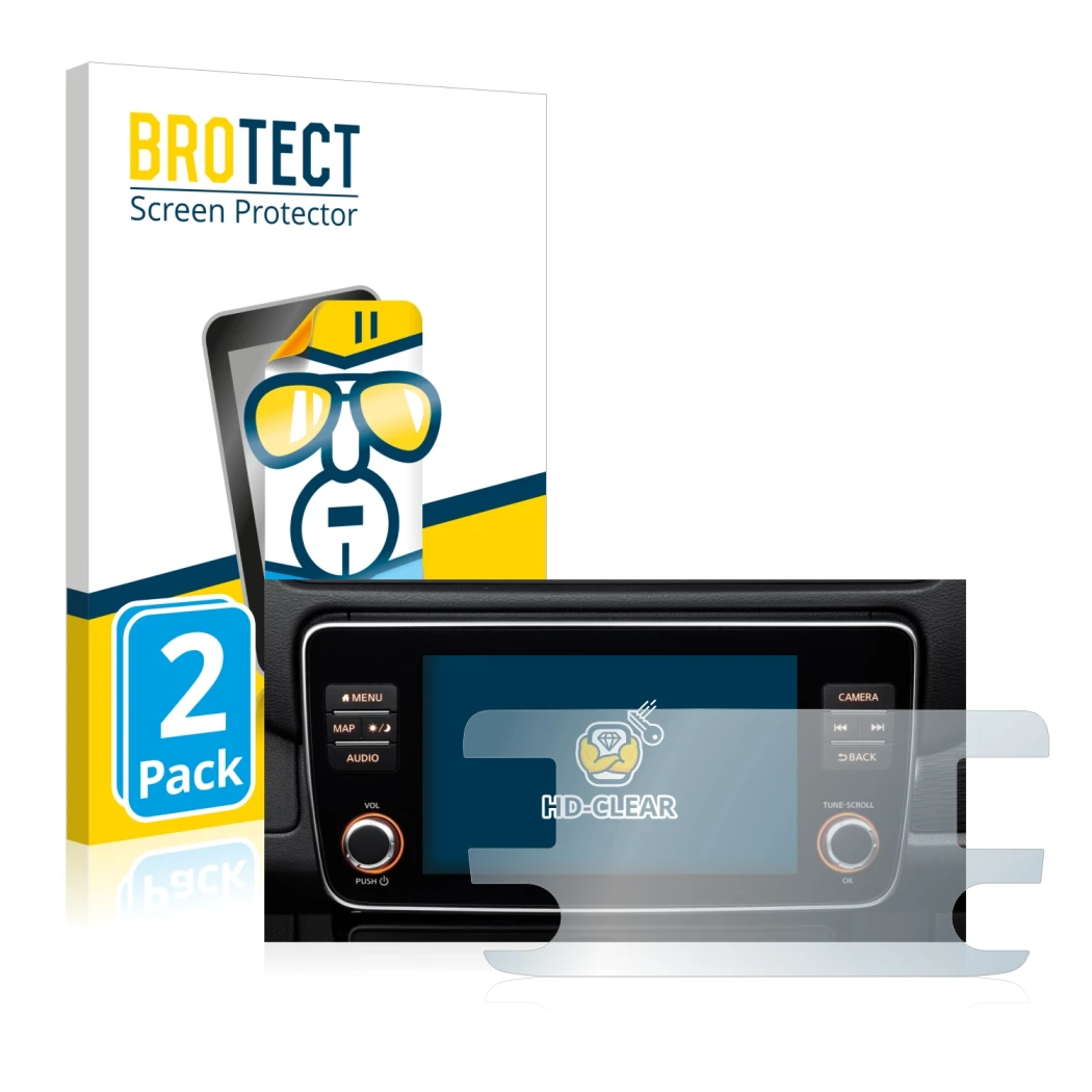Front side of a product packaging with the brand logo BROTECT. Next to it is the device Nissan Leaf E Plus Infotainment System