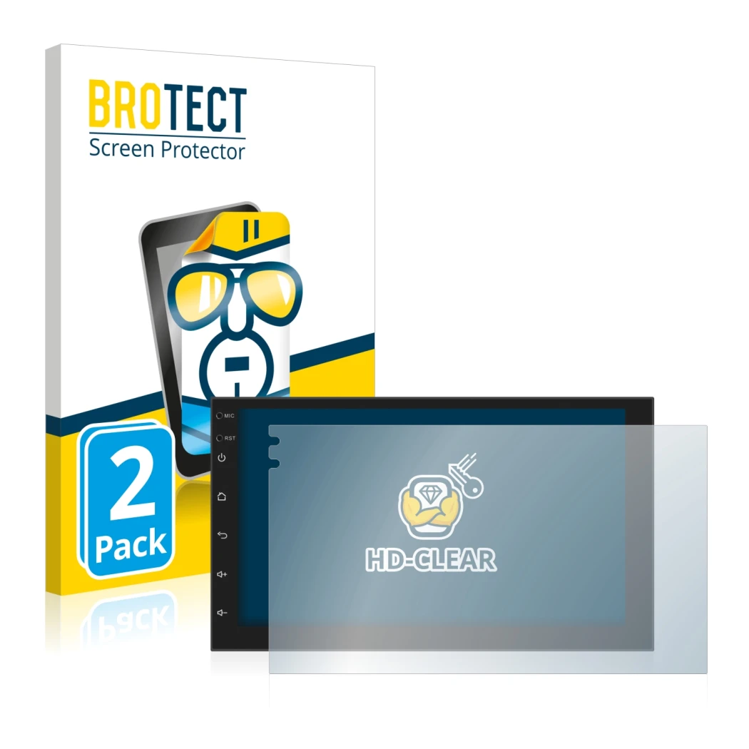 Front side of a product packaging with the brand logo BROTECT. Next to it is the device Phonocar MediaStation 2Din shown with