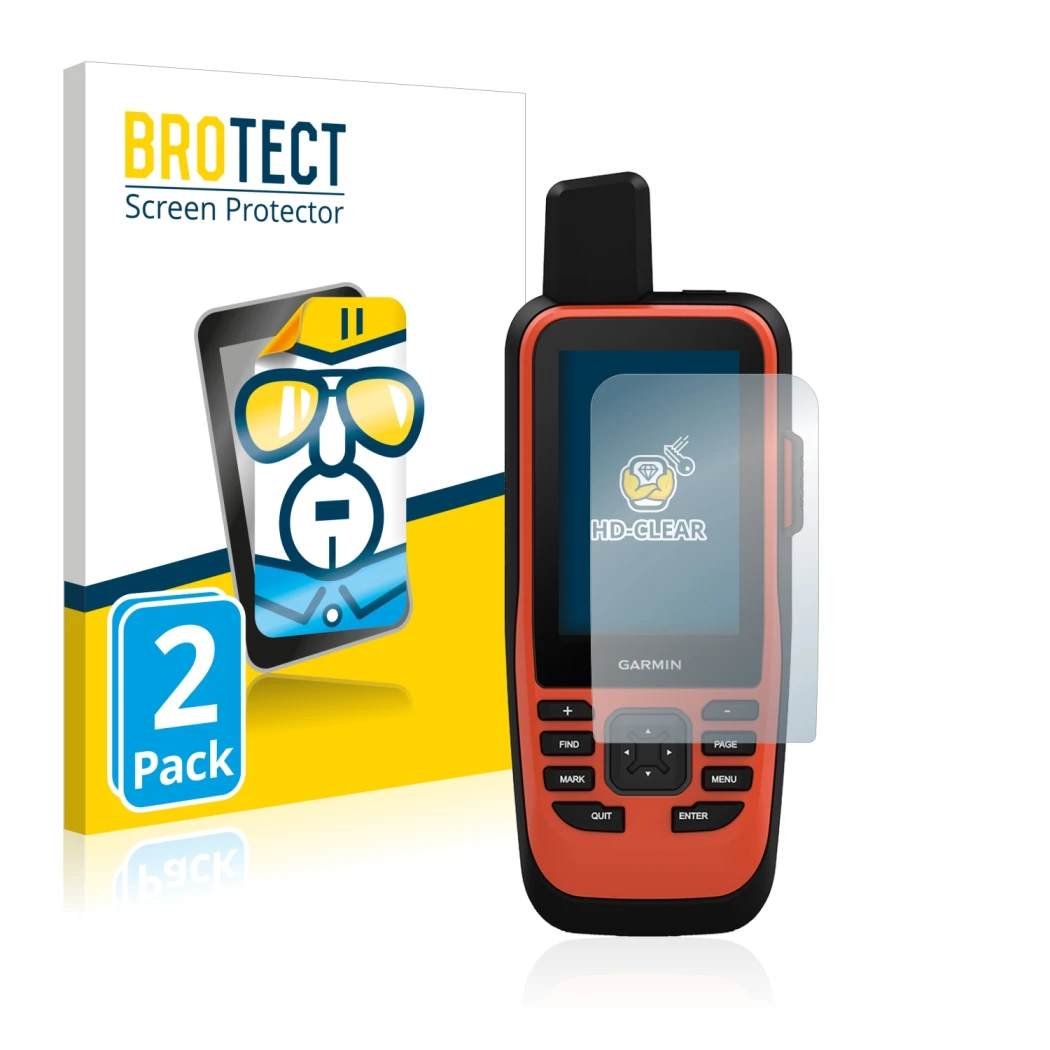 Front side of a product packaging with the brand logo BROTECT. Next to it is the device Garmin GPSMAP 86i shown with the corre