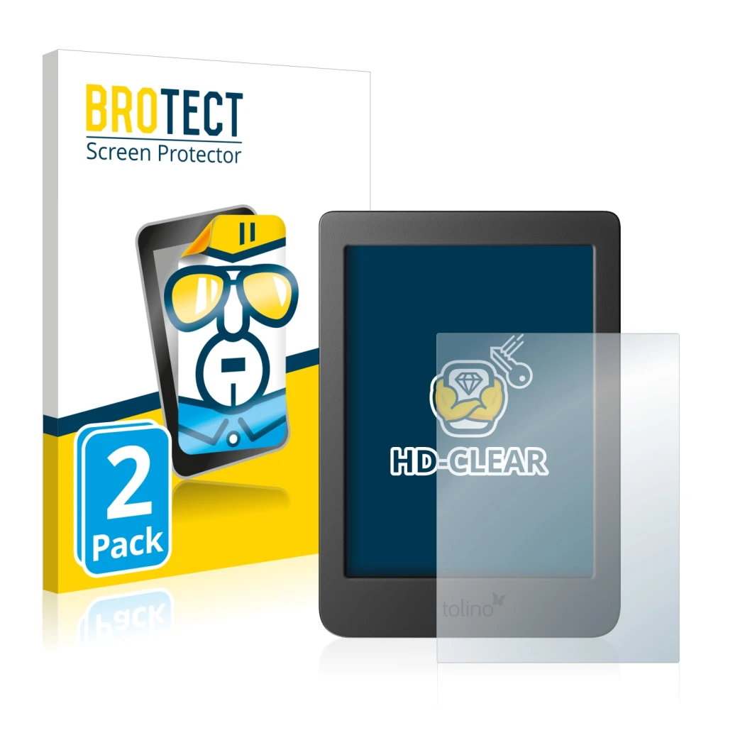 Front side of a product packaging with the brand logo BROTECT. Next to it is the device Tolino Page 2 shown with the correspon