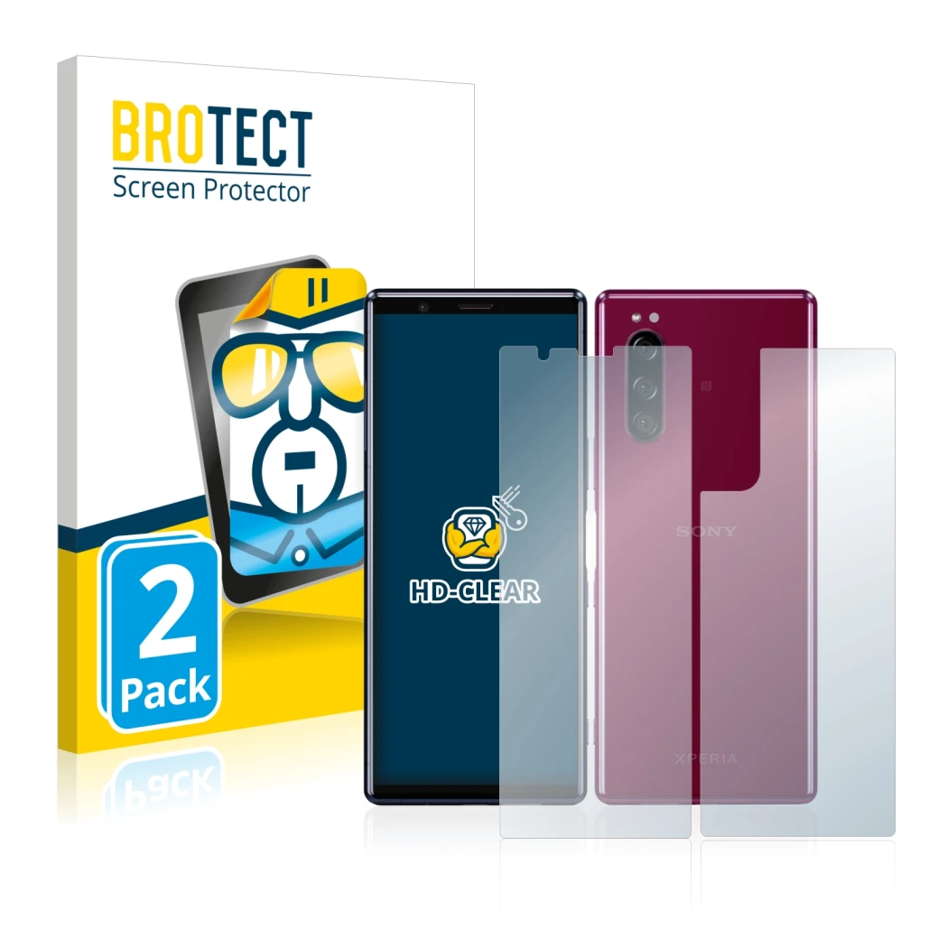 Front side of a product packaging with the brand logo BROTECT. Next to it is the device Sony Xperia 5 (Front+Back) shown with 