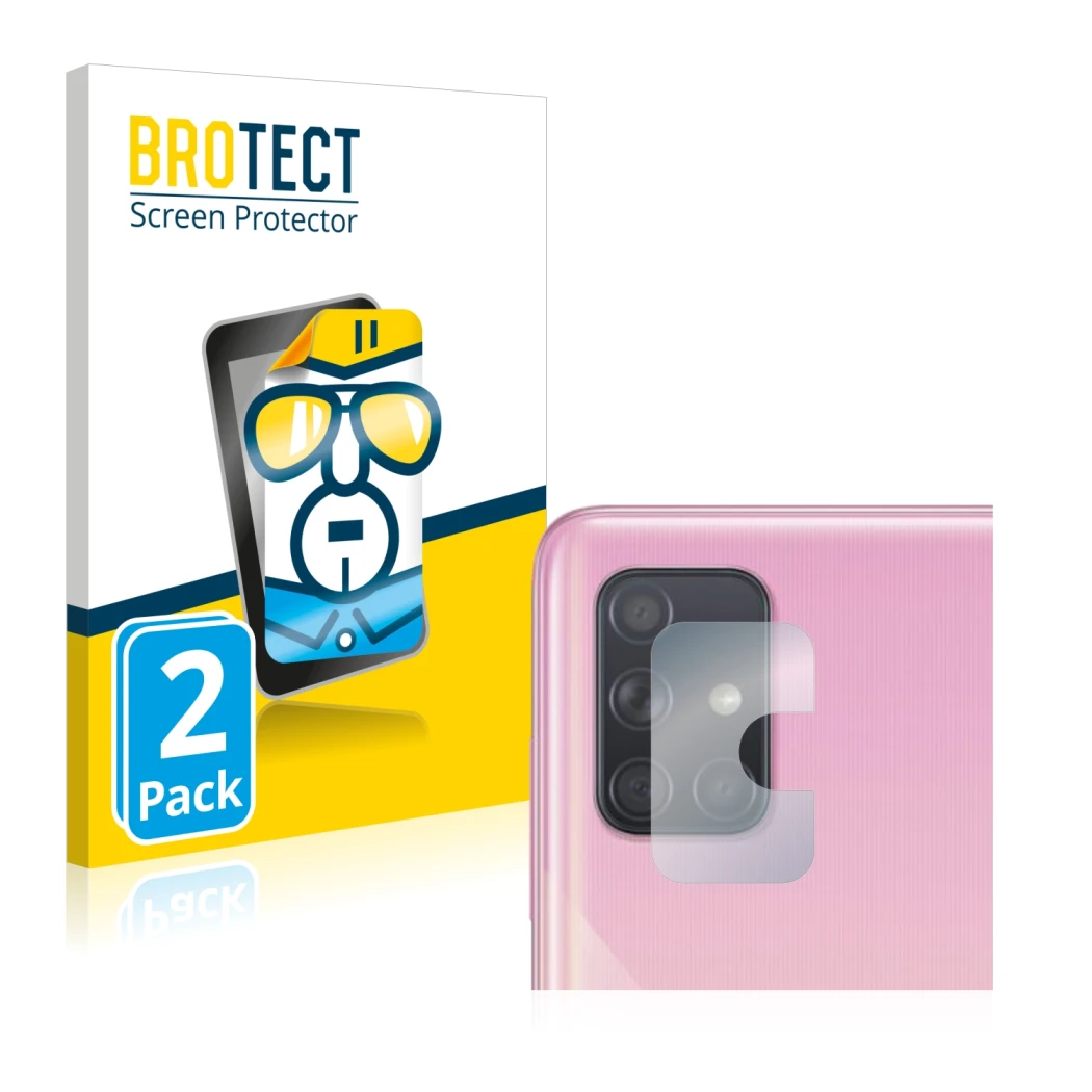 Front side of a product packaging with the brand logo BROTECT. Next to it is the device Samsung Galaxy A71 (ONLY Camera Lens) 