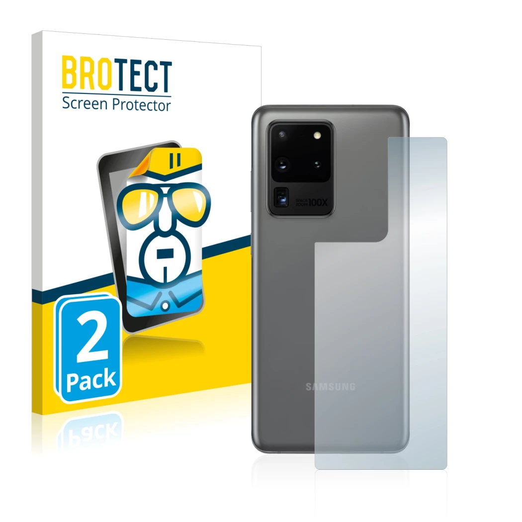 Front side of a product packaging with the brand logo BROTECT. Next to it is the device Samsung Galaxy S20 Ultra (Back) shown 