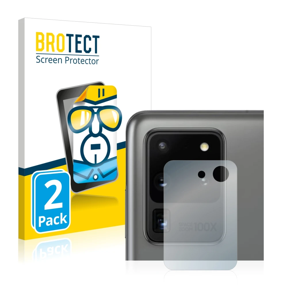 Front side of a product packaging with the brand logo BROTECT. Next to it is the device Samsung Galaxy S20 Ultra (ONLY Camera 