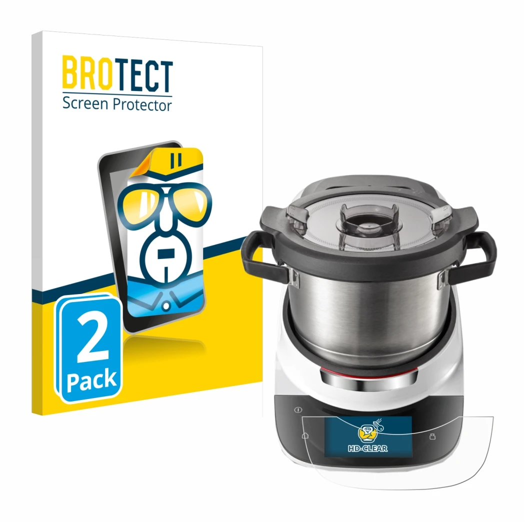 Front side of a product packaging with the brand logo BROTECT. Next to it is the device Bosch Cookit shown with the correspond