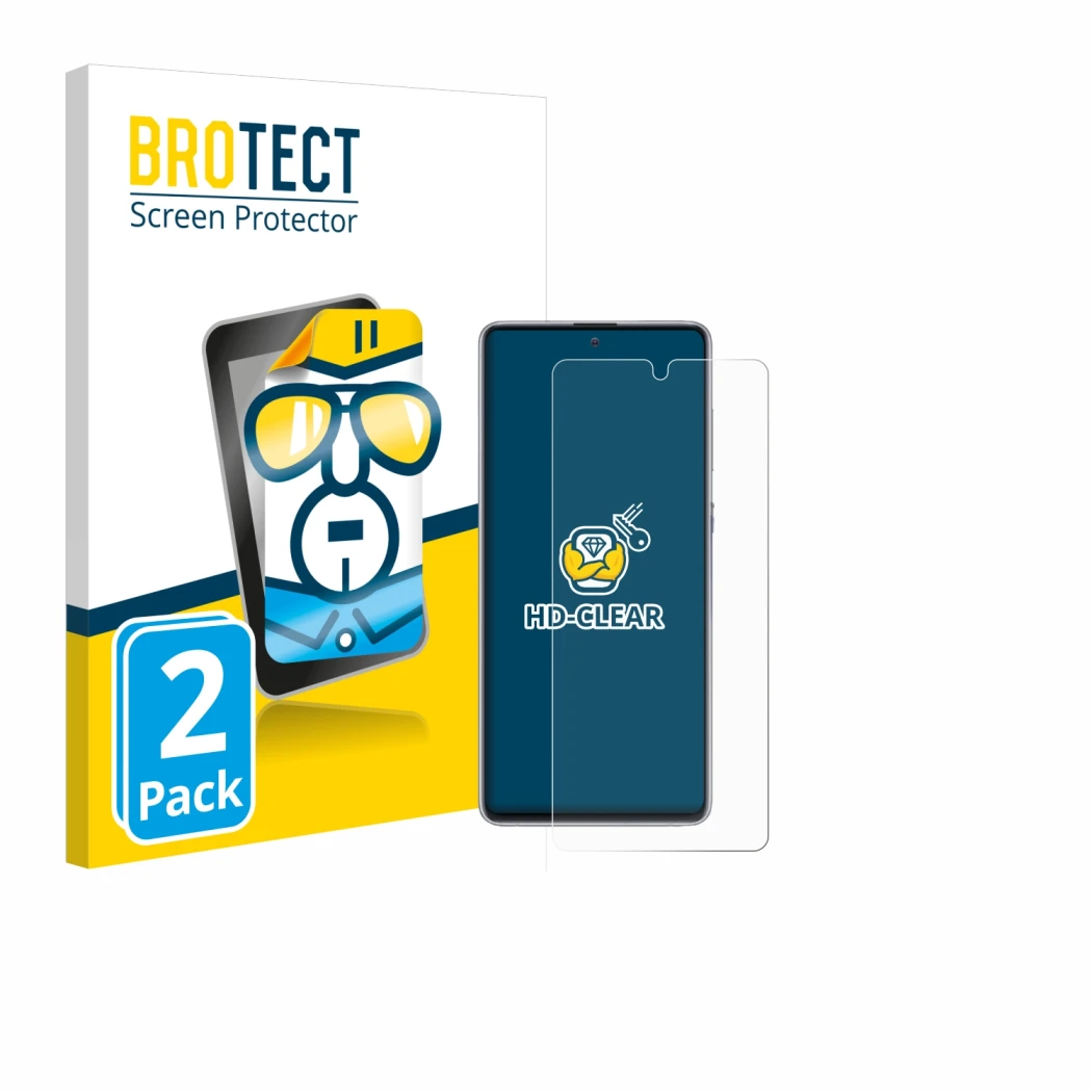 Front side of a product packaging with the brand logo BROTECT. Next to it is the device Samsung Galaxy Note 10 Lite shown with