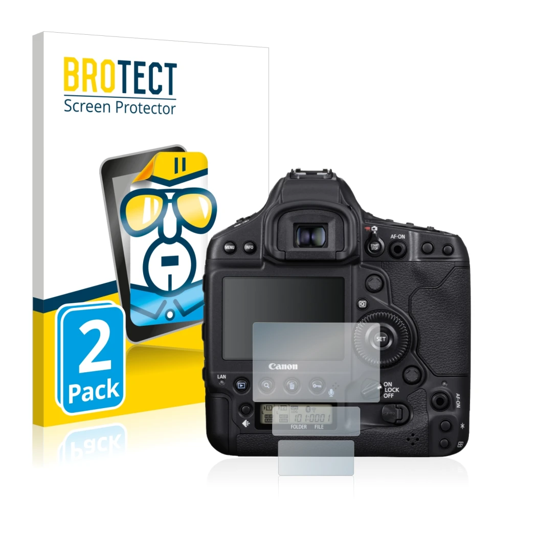 Front side of a product packaging with the brand logo BROTECT. Next to it is the device Canon EOS 1D X Mark III shown with the