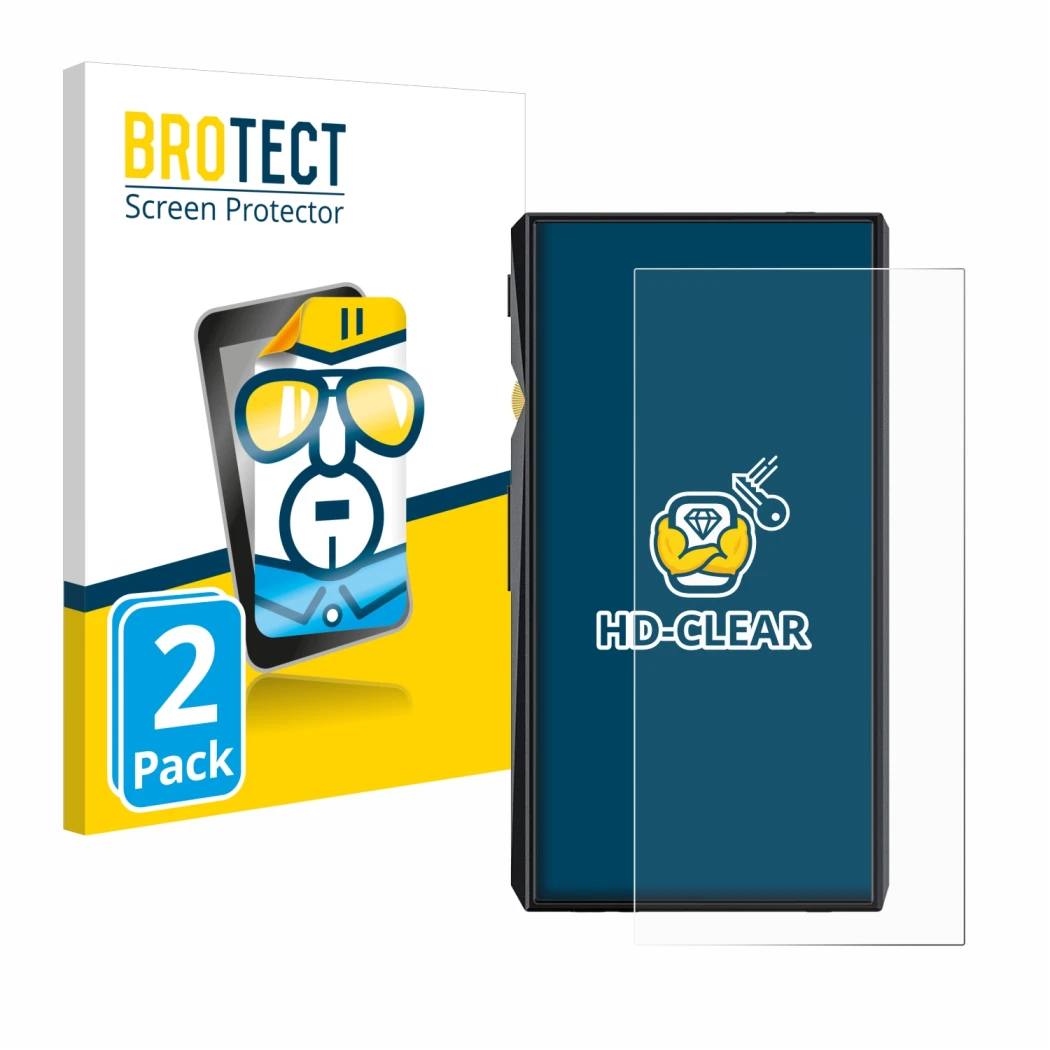 Front side of a product packaging with the brand logo BROTECT. Next to it is the device FiiO M11 Pro shown with the correspond