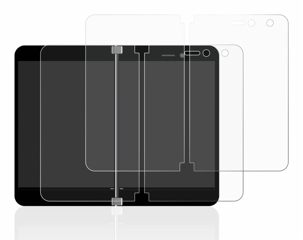 Image of the device Microsoft Surface Duo with a wide variety of screen protectors.