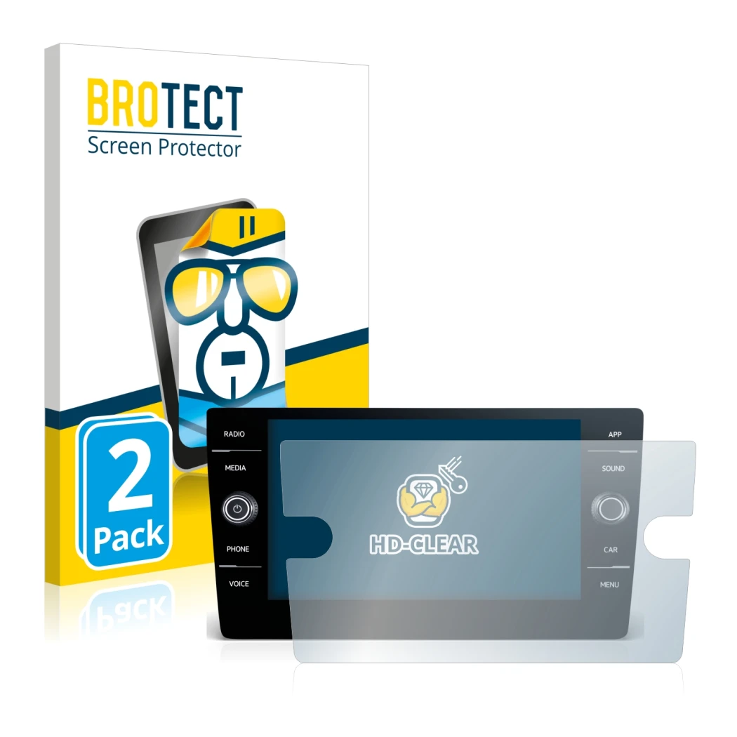 Front side of a product packaging with the brand logo BROTECT. Next to it is the device Volkswagen Touran 2017 Discover Media 