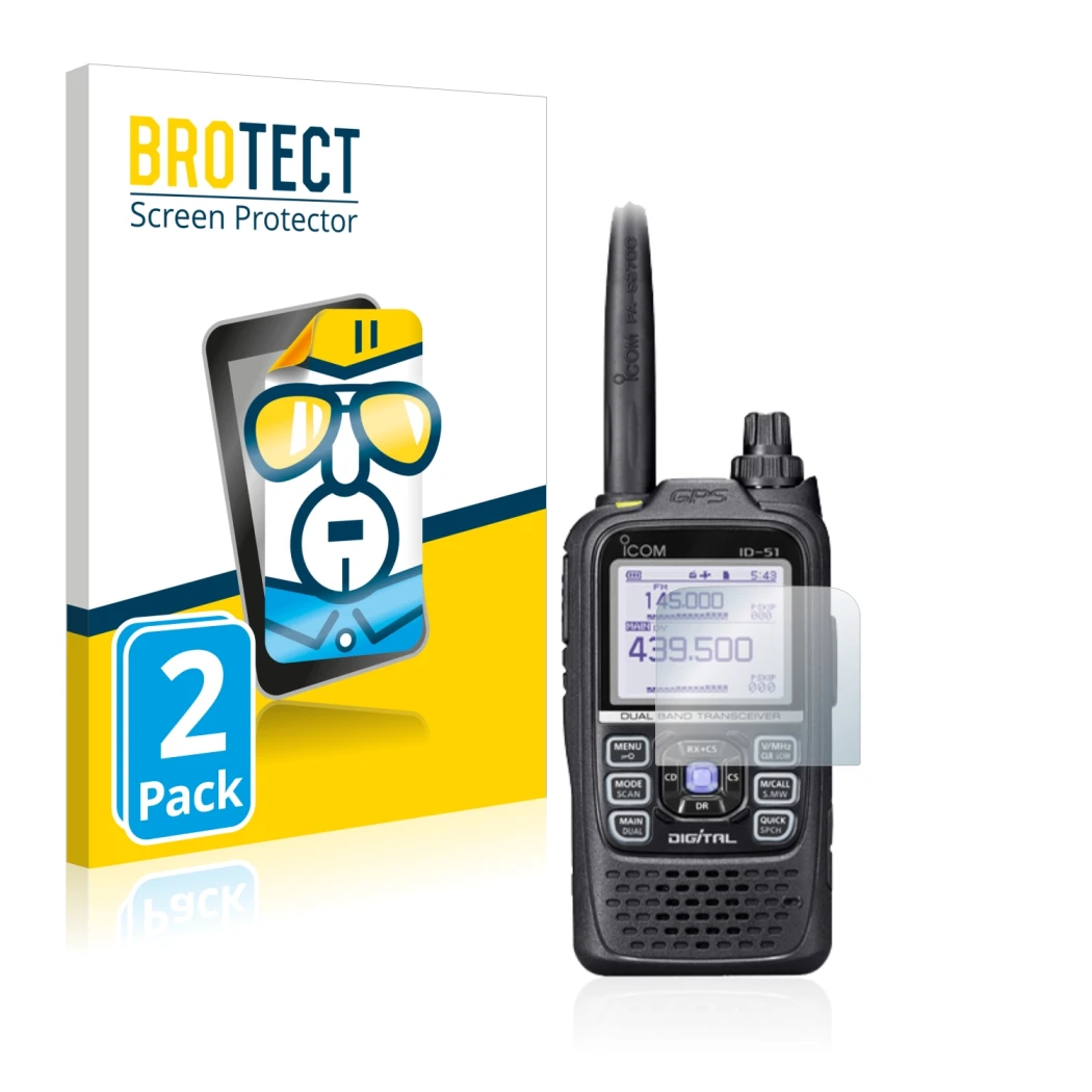 Front side of a product packaging with the brand logo BROTECT. Next to it is the device Icom ID-51E Plus 2 shown with the corr