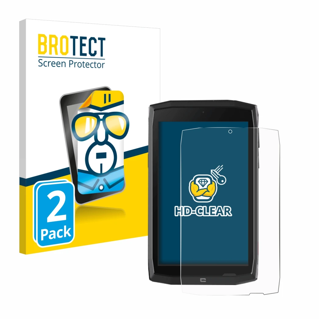 Front side of a product packaging with the brand logo BROTECT. Next to it is the device Crosscall Core T4 shown with the corre
