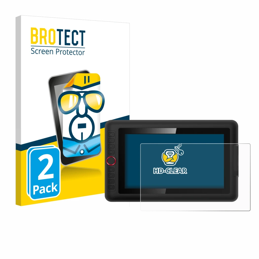 Front side of a product packaging with the brand logo BROTECT. Next to it is the device XP-Pen Artist 12 Pro shown with the co