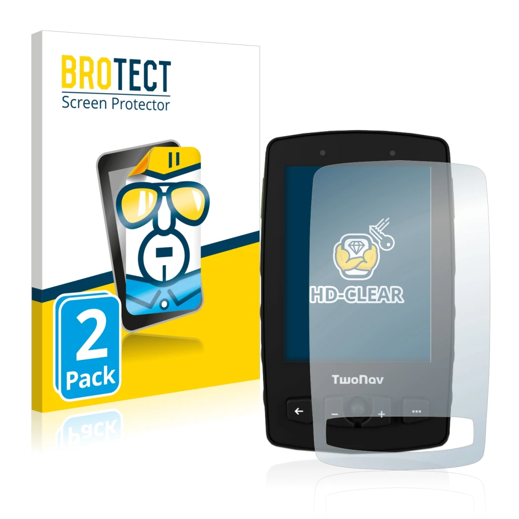 Front side of a product packaging with the brand logo BROTECT. Next to it is the device TwoNav Aventura 2 shown with the corre