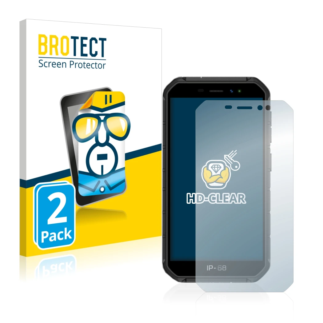 Front side of a product packaging with the brand logo BROTECT. Next to it is the device Ulefone Armor X7 shown with the corres