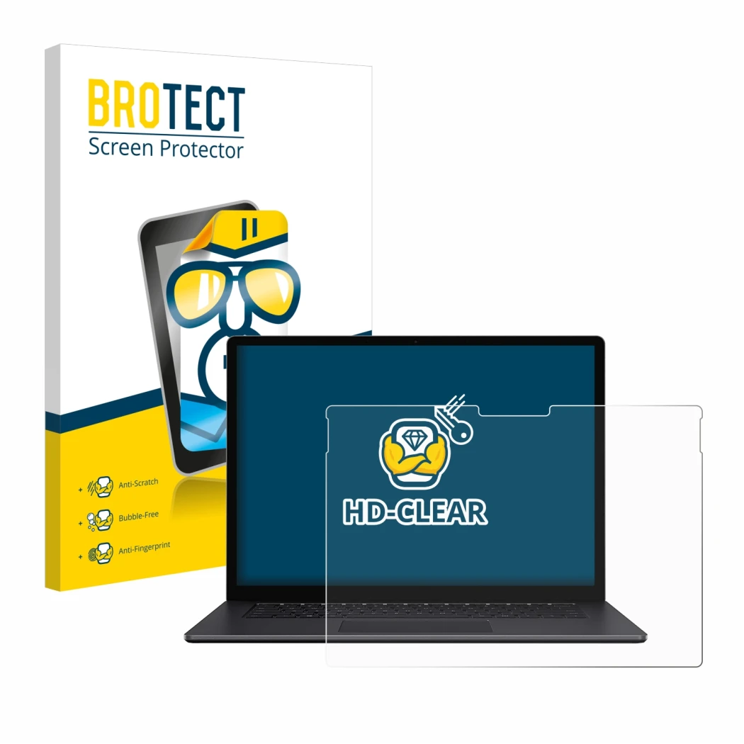 Front side of a product packaging with the brand logo BROTECT. Next to it is the device Microsoft Surface Book 3 15