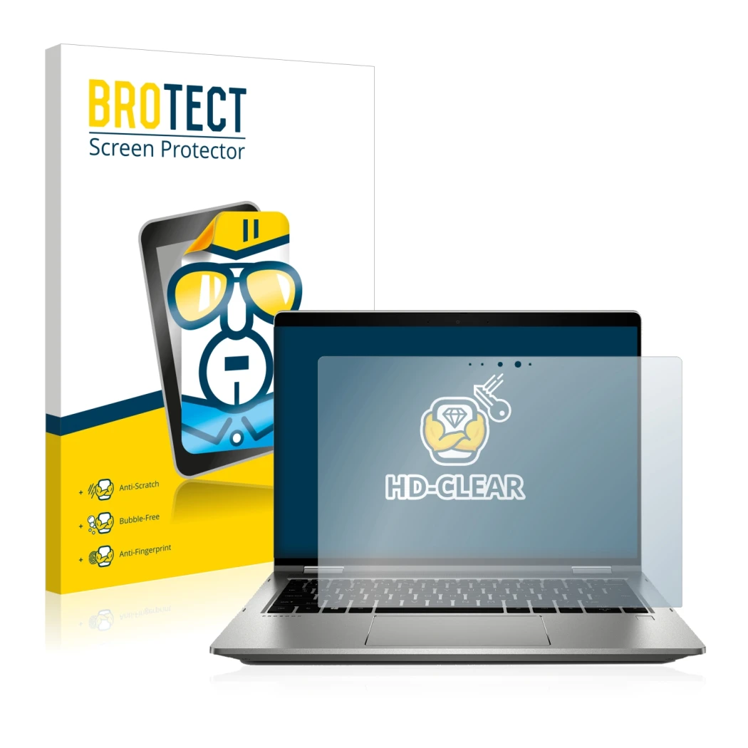 Front side of a product packaging with the brand logo BROTECT. Next to it is the device HP ProBook x360 435 G7 shown with the 