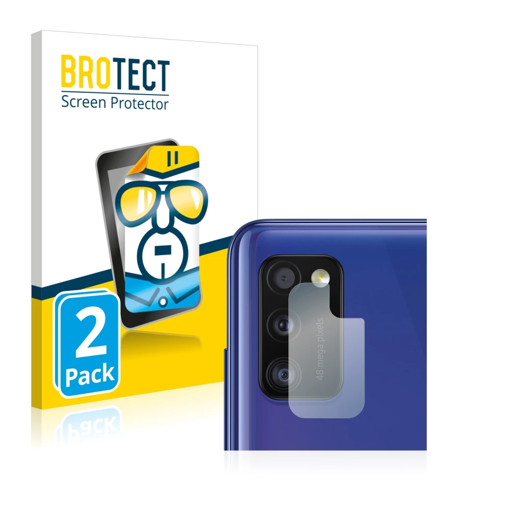Front side of a product packaging with the brand logo BROTECT. Next to it is the device Samsung Galaxy A41 (ONLY Camera Lens) 