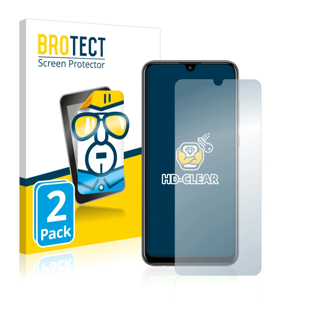 Front side of a product packaging with the brand logo BROTECT. Next to it is the device Huawei P smart 2020 shown with the cor
