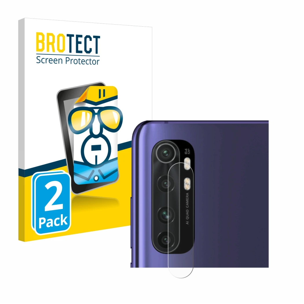 Front side of a product packaging with the brand logo BROTECT. Next to it is the device Xiaomi Mi Note 10 Lite (ONLY Camera Le