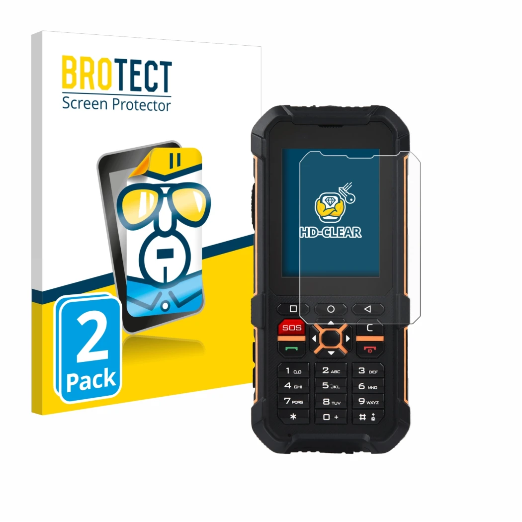 Front side of a product packaging with the brand logo BROTECT. Next to it is the device RugGear RG170 shown with the correspon