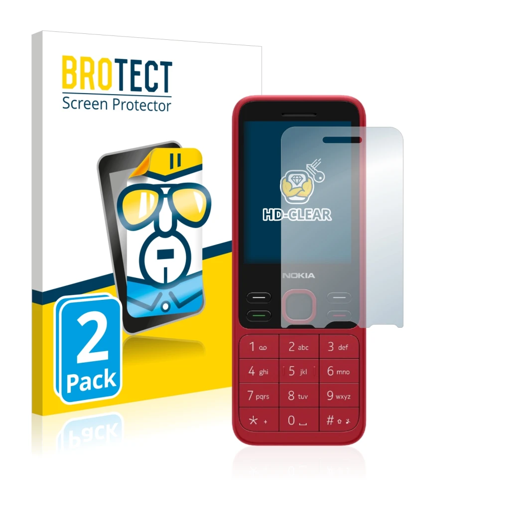 Front side of a product packaging with the brand logo BROTECT. Next to it is the device Nokia 150 2020 shown with the correspo