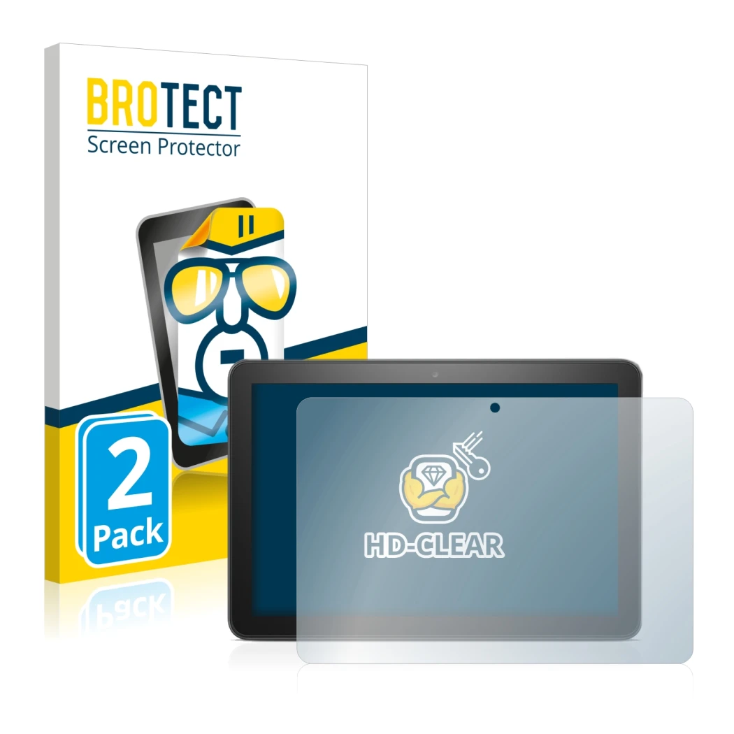 Front side of a product packaging with the brand logo BROTECT. Next to it is the device Amazon Fire HD 8 Plus 2020 (10th Gen.)