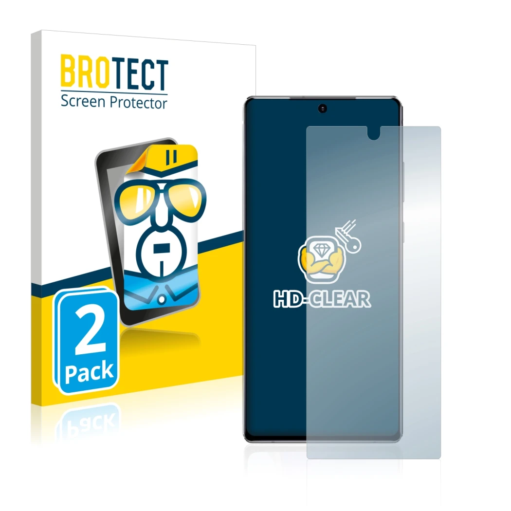 Front side of a product packaging with the brand logo BROTECT. Next to it is the device Samsung Galaxy Note 20 shown with the 