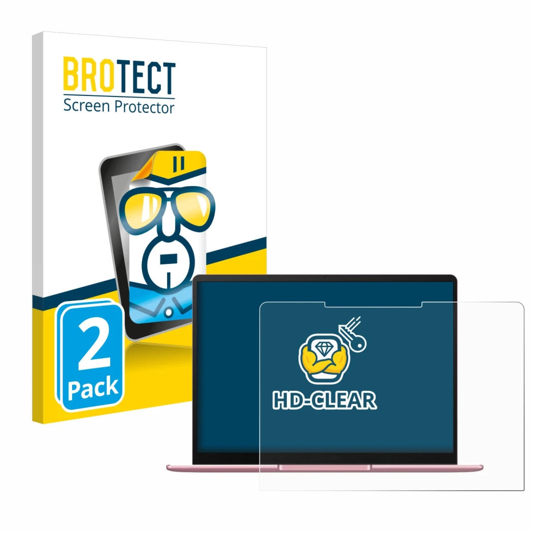 Front side of a product packaging with the brand logo BROTECT. Next to it is the device Huawei MateBook 13 2020 shown with the