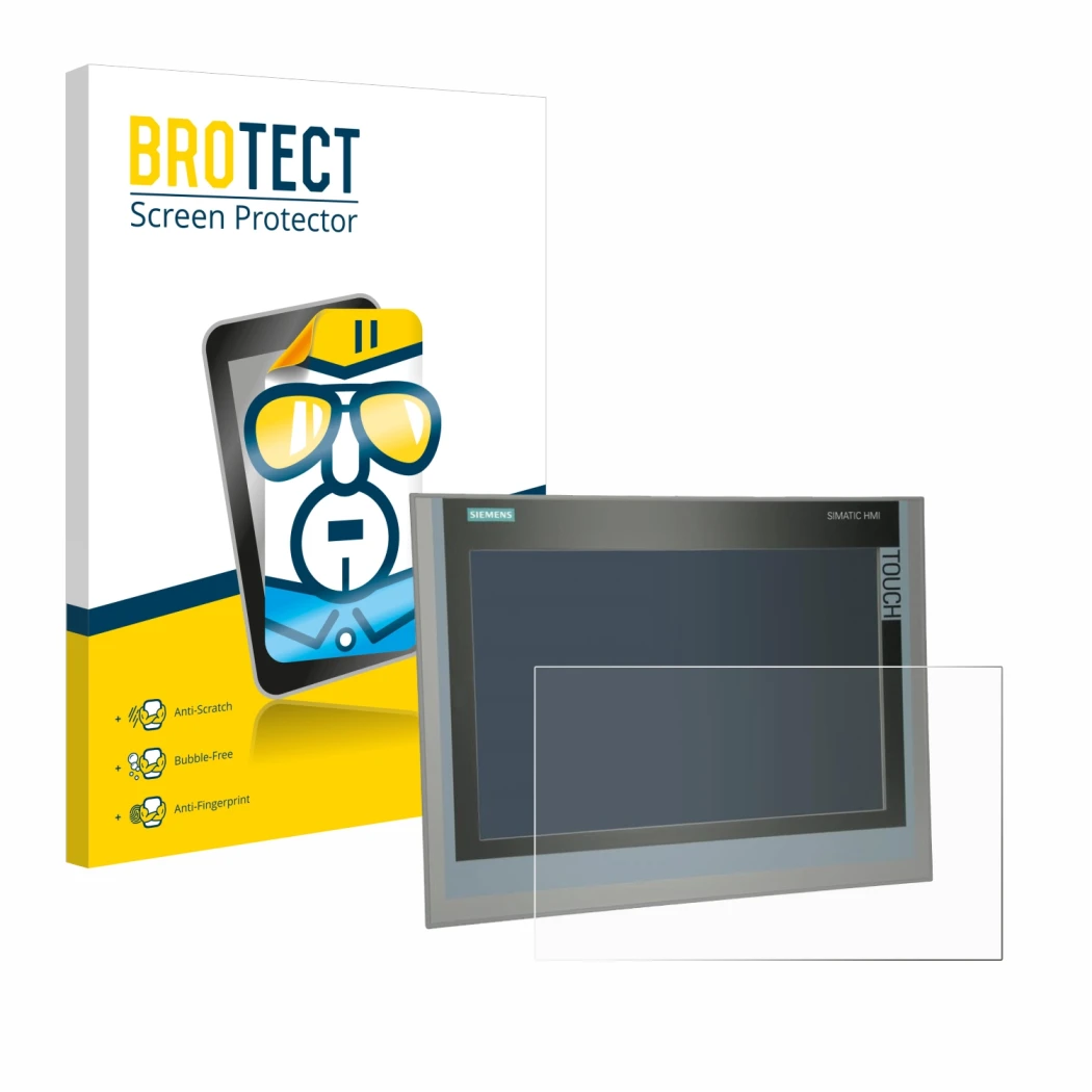 Front side of a product packaging with the brand logo BROTECT. Next to it is the device Siemens Simatic HMI TP 1500 Comfort sh