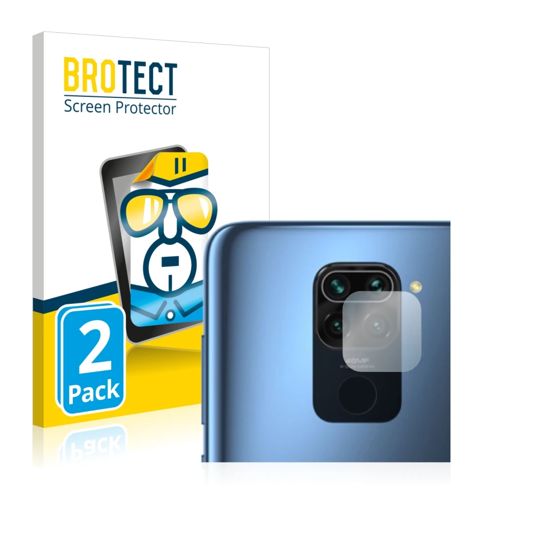 Front side of a product packaging with the brand logo BROTECT. Next to it is the device Xiaomi Redmi Note 9 (ONLY Camera Lens)