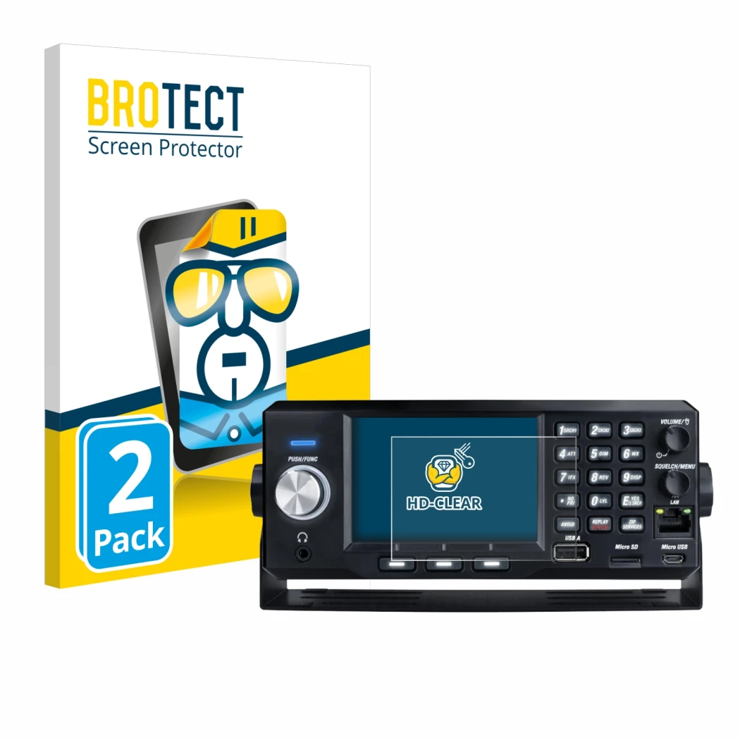 Front side of a product packaging with the brand logo BROTECT. Next to it is the device Uniden SDS200E shown with the correspo