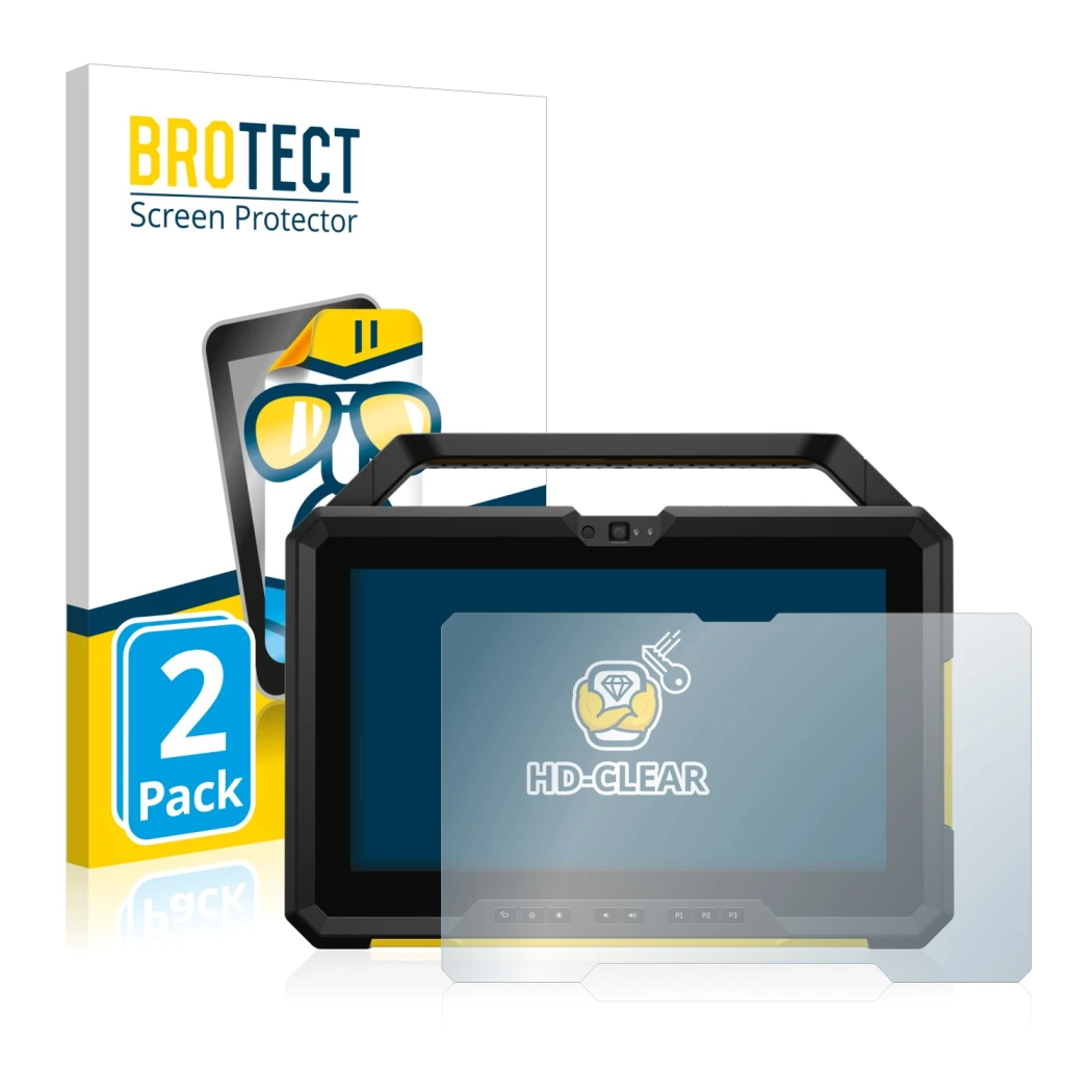 Front side of a product packaging with the brand logo BROTECT. Next to it is the device Dell Latitude 7220 shown with the corr