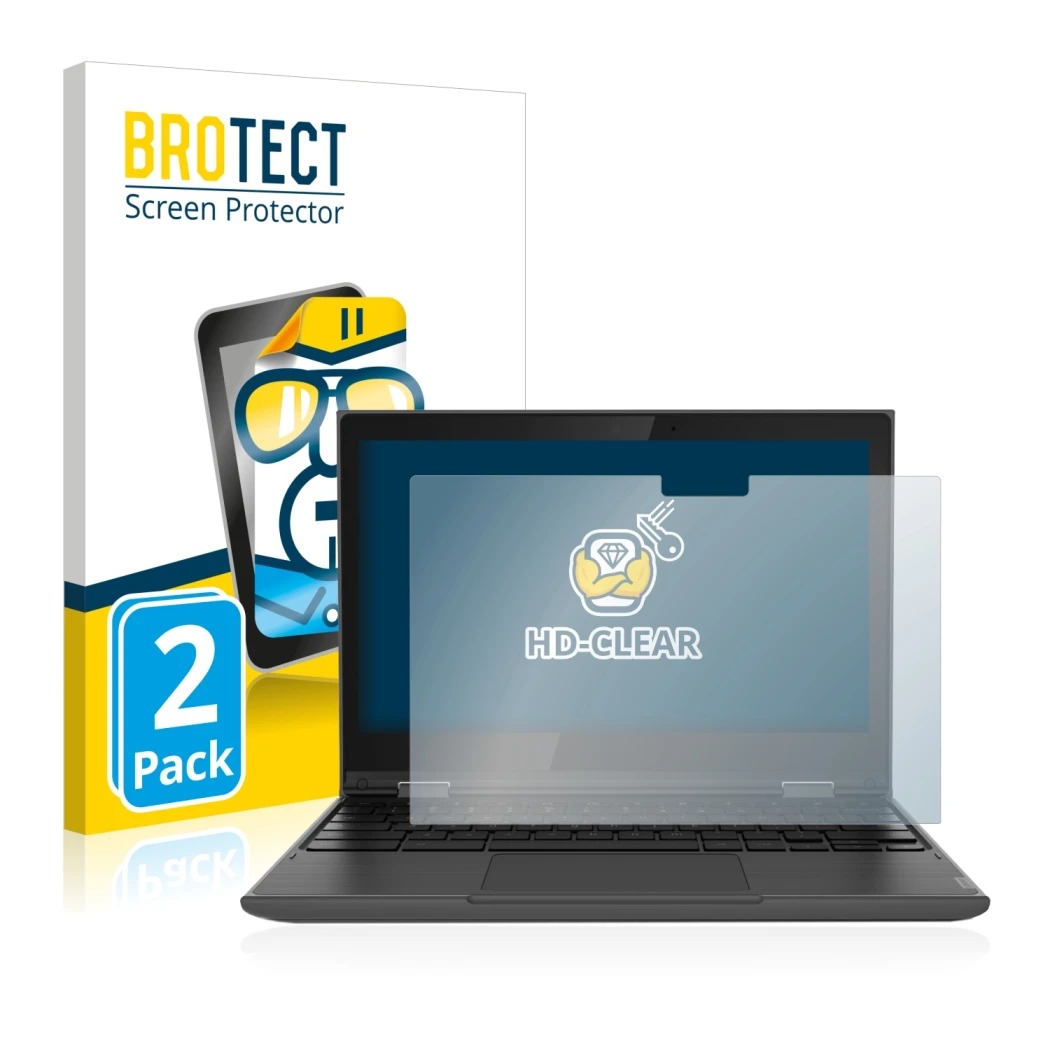 Front side of a product packaging with the brand logo BROTECT. Next to it is the device Lenovo 300e (2nd Gen.) shown with the 