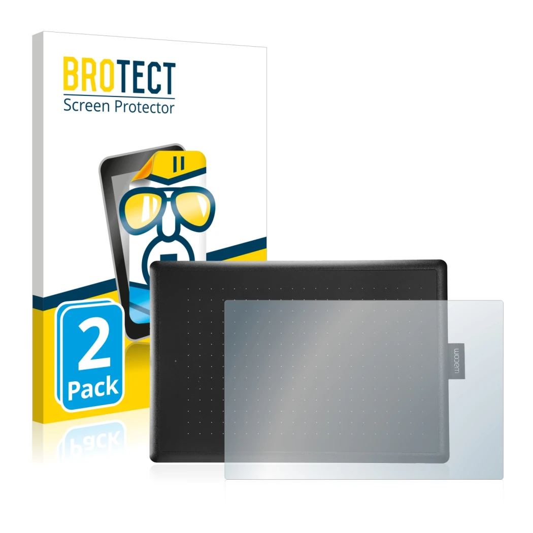 Front side of a product packaging with the brand logo BROTECT. Next to it is the device Wacom One Medium shown with the corres