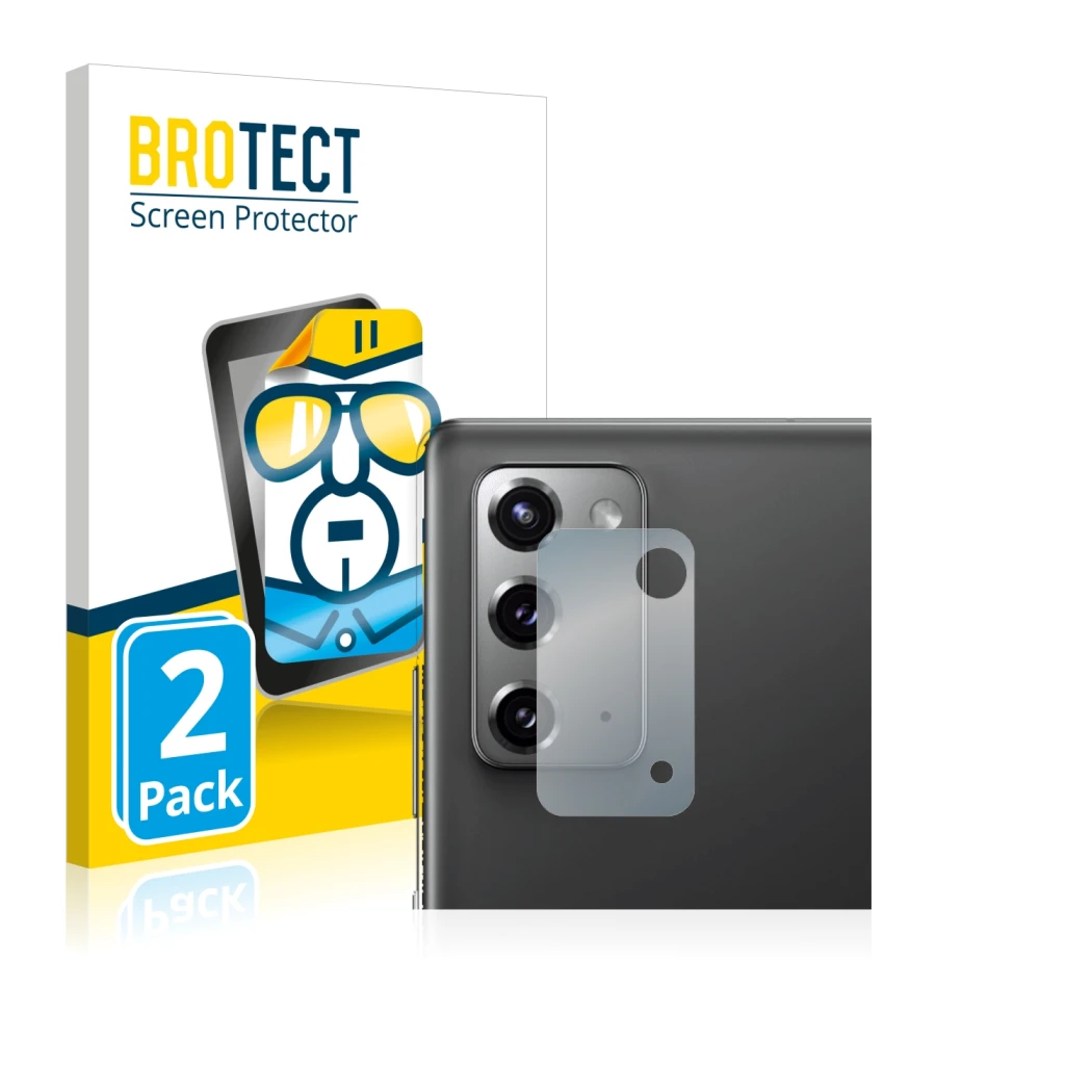 Front side of a product packaging with the brand logo BROTECT. Next to it is the device Samsung Galaxy Note 20 5G (ONLY Camera
