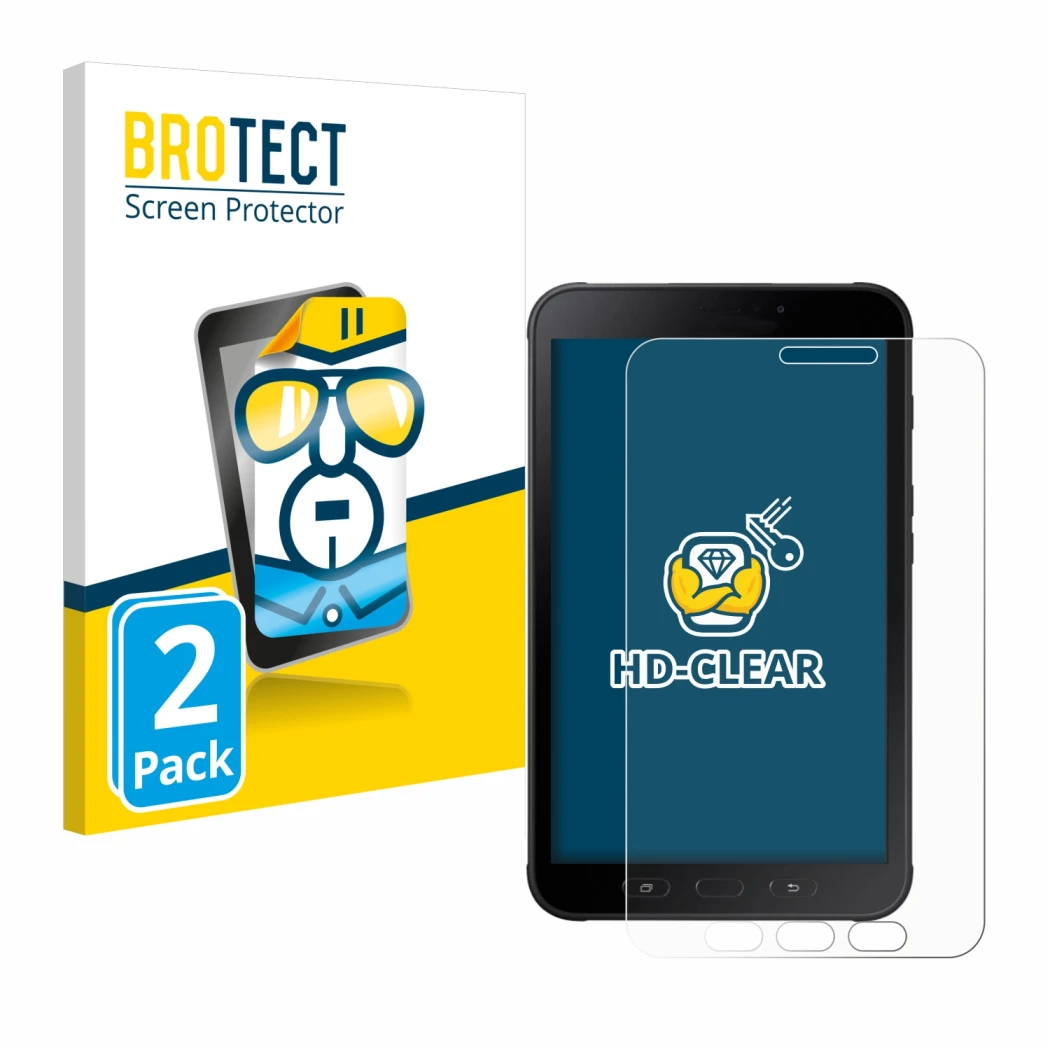 Front side of a product packaging with the brand logo BROTECT. Next to it is the device Samsung Galaxy Tab Active 2 SM-T395 sh
