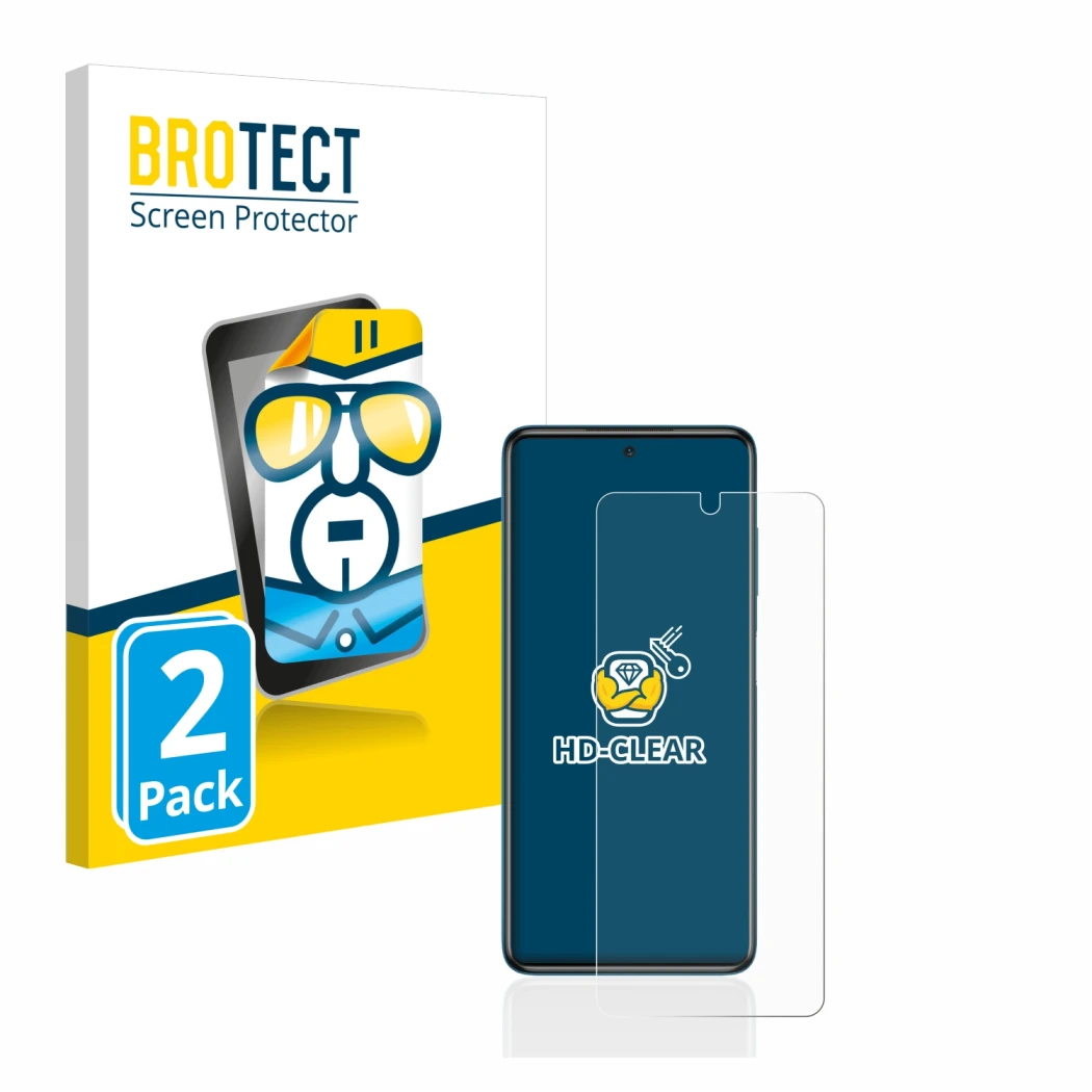 Front side of a product packaging with the brand logo BROTECT. Next to it is the device Xiaomi Poco X3 NFC shown with the corr