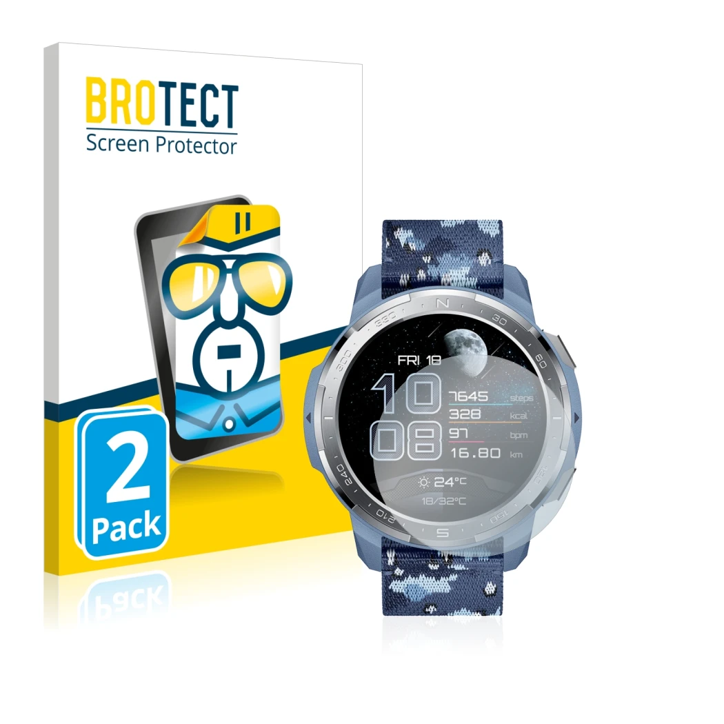 Front side of a product packaging with the brand logo BROTECT. Next to it is the device Honor Watch GS Pro shown with the corr