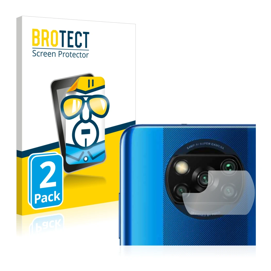 Front side of a product packaging with the brand logo BROTECT. Next to it is the device Xiaomi Poco X3 NFC (ONLY Camera Lens) 